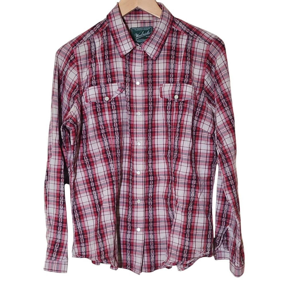 Woolrich Women's Pearl Snap Western Plaid Long Sleeve Red White Shirt Size Large